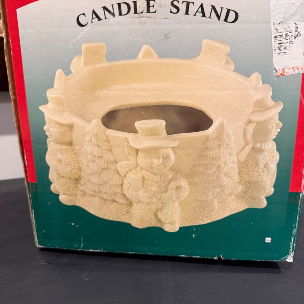 Christmas Ceramic Candle Stand With Snowmen & Trees Design Ivory White Vintage H - Picture 7 of 7
